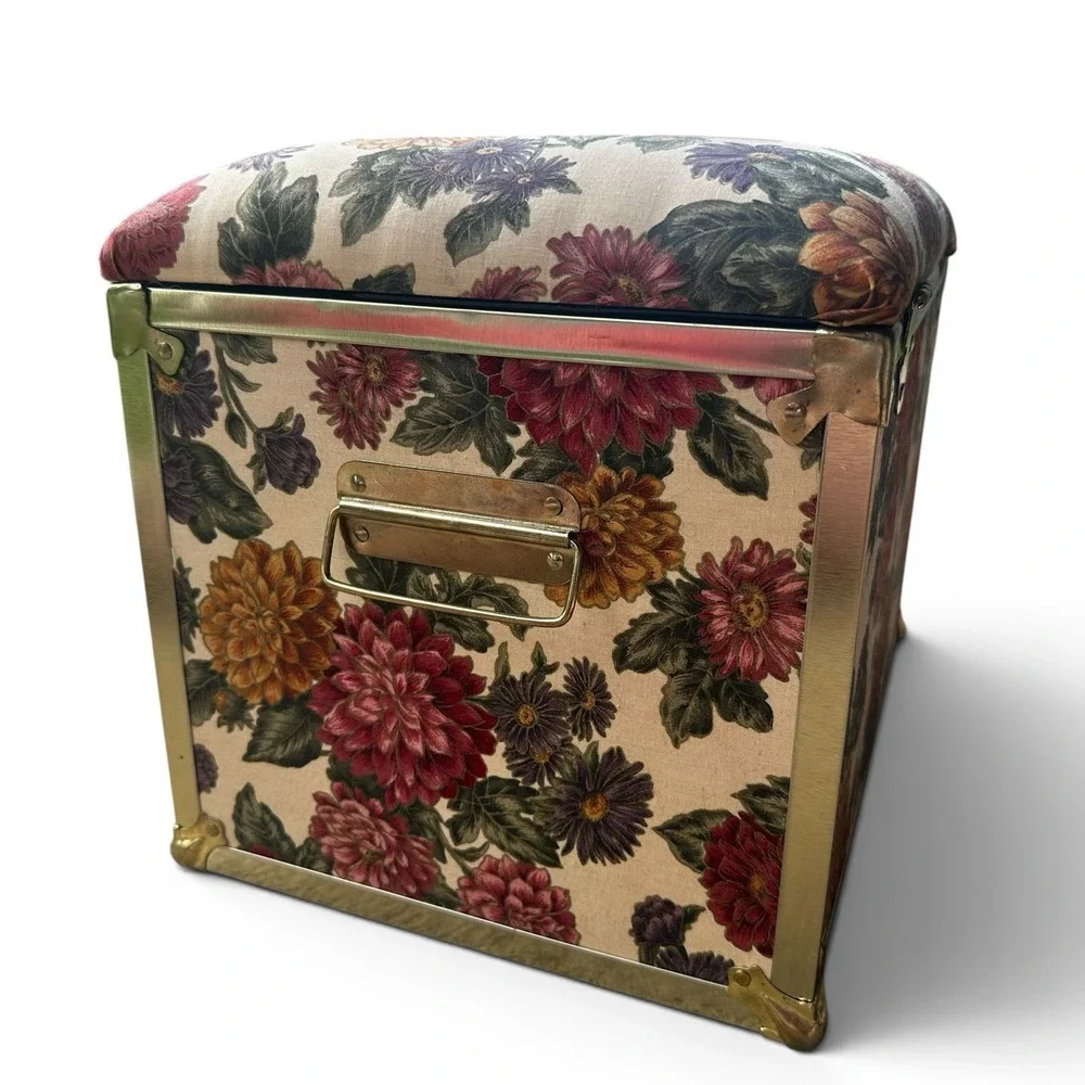Vintage Deco Trunk Co Floral Flower Fabric Trunk Box Sewing Storage Brass Granny